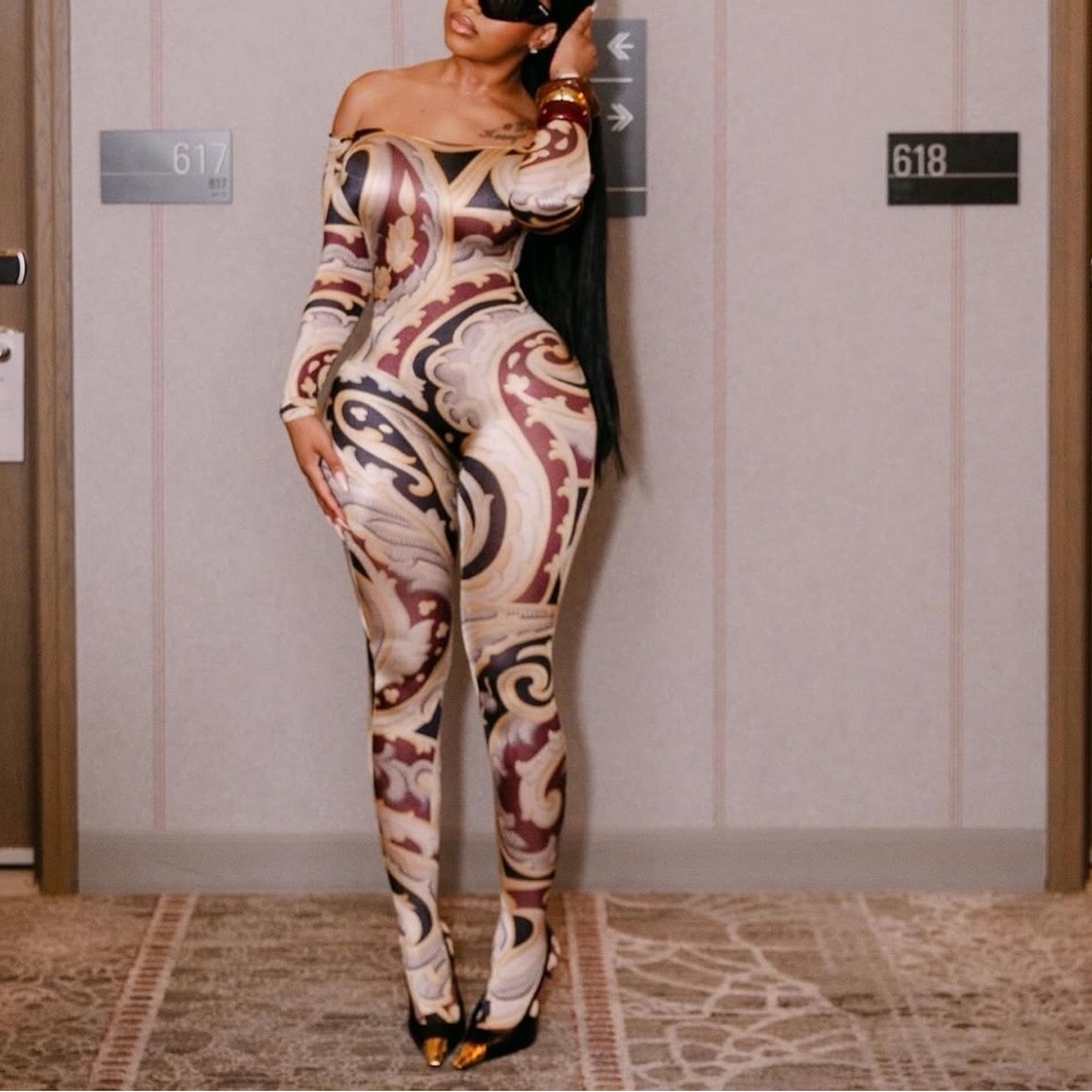 Off-Shoulder Patterned Jumpsuit - Picture 2 of 2